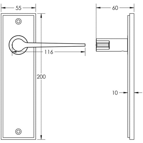 Technical drawing of of Burlington - Knightbridge Door Handle Latch Backplate Satin Brass Sku. BUR20KIT242