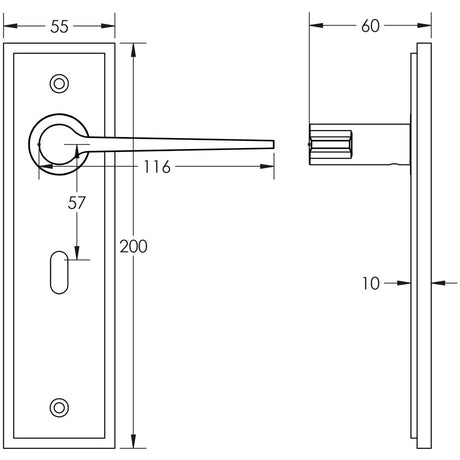 Technical drawing of of Burlington - Knightbridge Door Handle Lock Backplate Polished Nickel Sku. BUR20KIT165