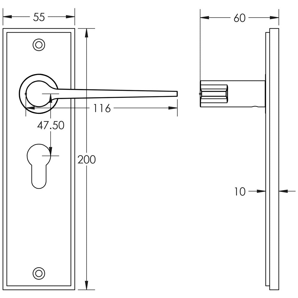 Technical drawing of of Burlington - Knightbridge Door Handle Euro Backplate Dark Bronze Sku. BUR20KIT89