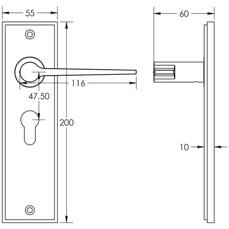 Technical drawing of of Burlington - Knightbridge Door Handle Euro Backplate Dark Bronze Sku. BUR20KIT89