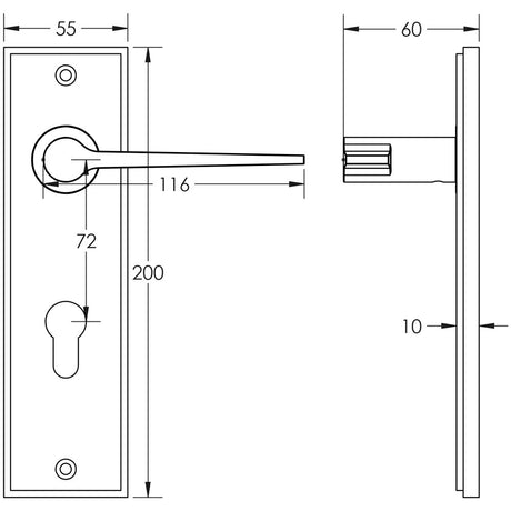 Technical drawing of of Burlington - Knightbridge Door Handle Din Euro Backplate Antique Brass Sku. BUR20KIT12