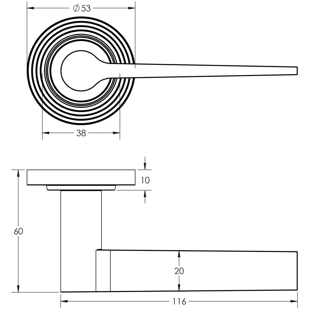 Technical drawing of of Burlington - Knightsbridge Door Handle on Reeded Rose Antique Brass Sku. BUR20KIT4