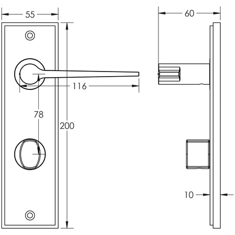 Technical drawing of of Burlington - Knightsbridge Door Handle Din Bathroom Backplate Satin Nickel & Turn & Release Sku. BUR-20SN-456SN-81SN
