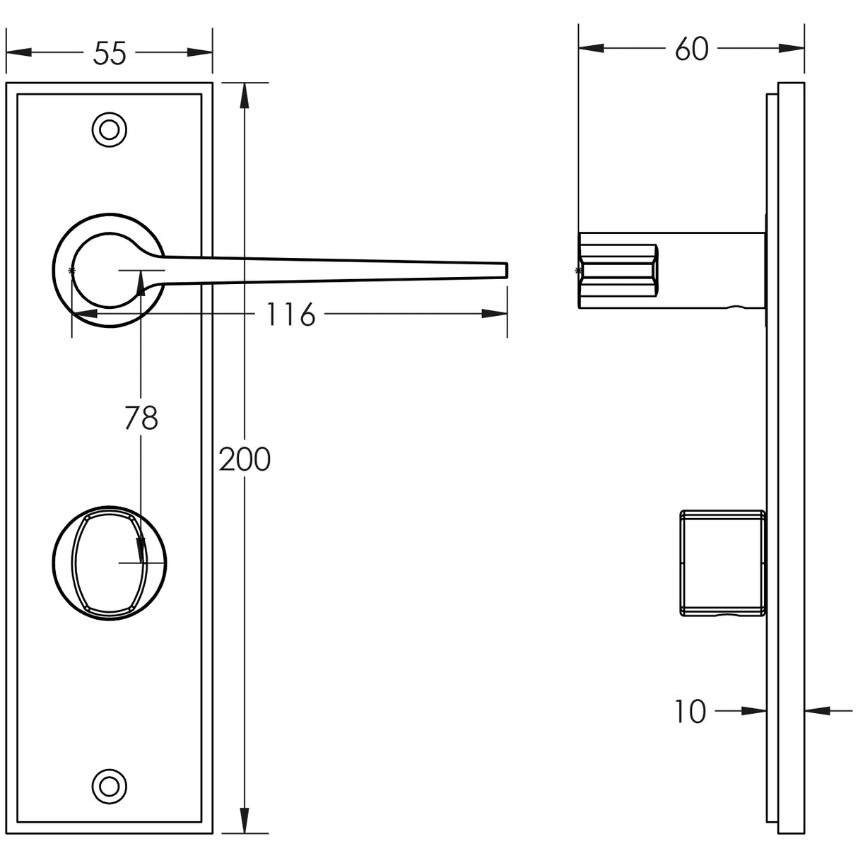 Technical drawing of of Burlington - Knightsbridge Door Handle Din Bathroom Backplate Dark Bronze & Turn & Release Sku. BUR-20DB-456DB-81DB