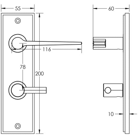 Technical drawing of of Burlington - Knightsbridge Door Handle Din Bathroom Backplate Satin Nickel & Turn & Release Sku. BUR-20SN-456SN-82SN