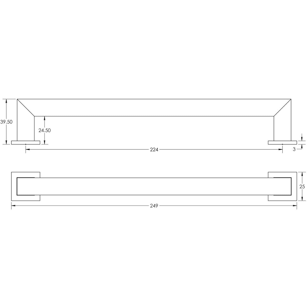 Technical drawing of of Burlington - Trafalgar Square Cabinet Handles 224mm Satin Brass Sku. BUR212SB