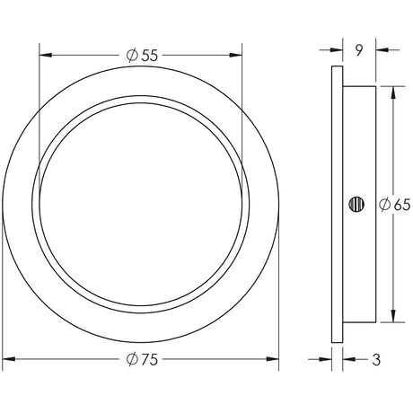 Technical drawing of of Burlington - Circular Flush Pull Satin Brass Sku. BUR215SB