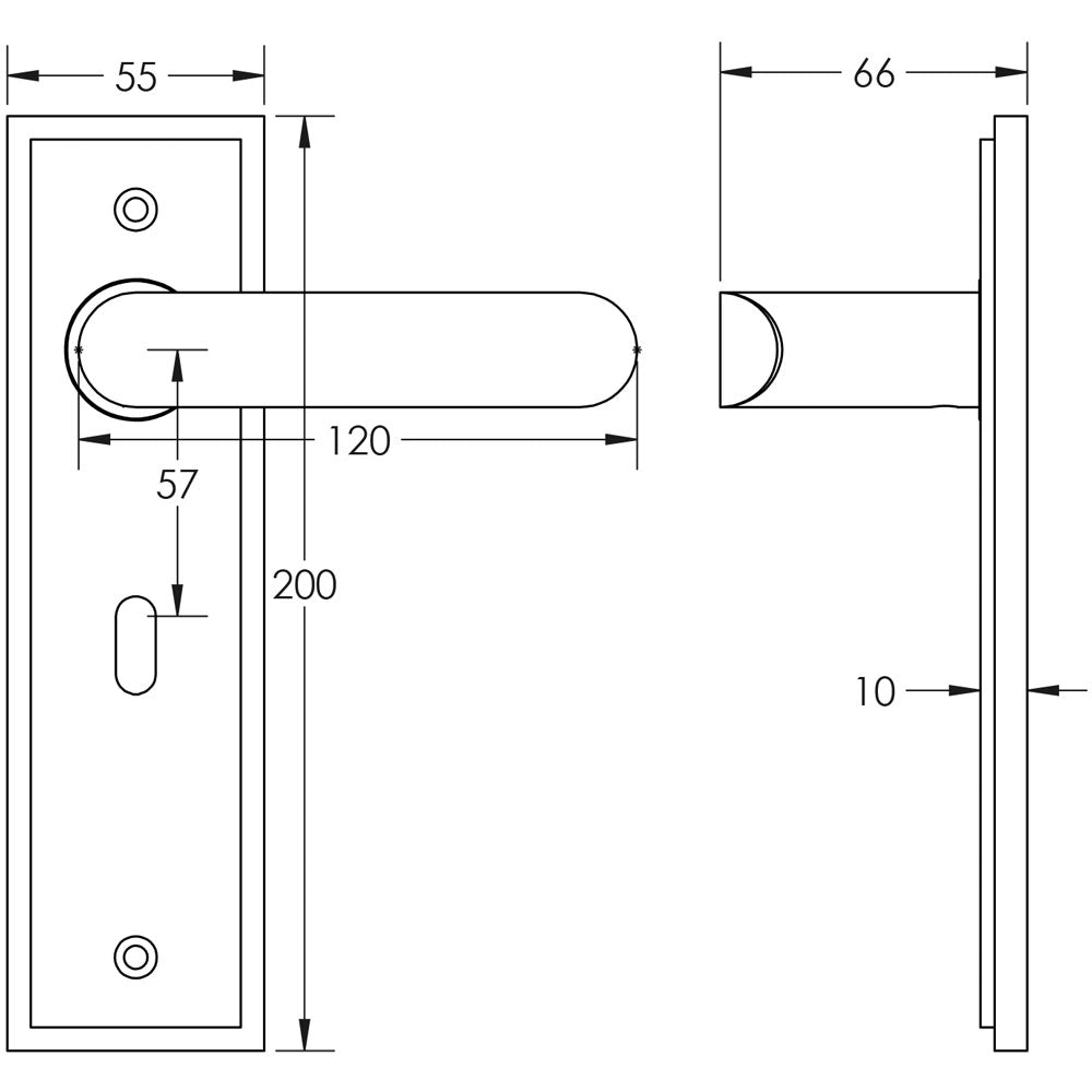 Technical drawing of of Burlington - Kensington Door Handle Lock Backplate Satin Nickel Sku. BUR25KIT321