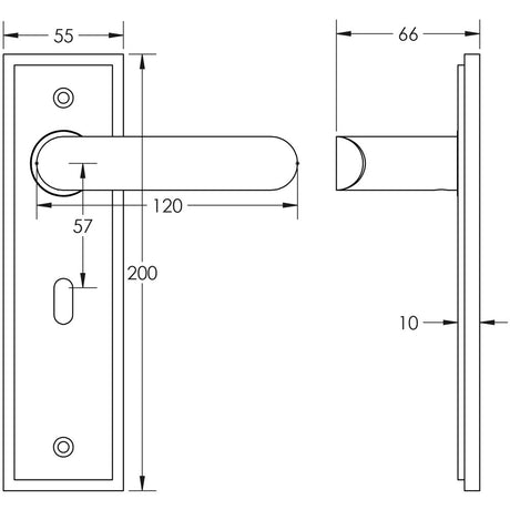 Technical drawing of of Burlington - Kensington Door Handle Lock Backplate Dark Bronze Sku. BUR25KIT87