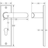 Technical drawing of of Burlington - Kensington Door Handle Din Euro Backplate Satin Brass Sku. BUR25KIT246