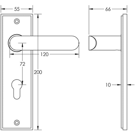 Technical drawing of of Burlington - Kensington Door Handle Din Euro Backplate Satin Brass Sku. BUR25KIT246