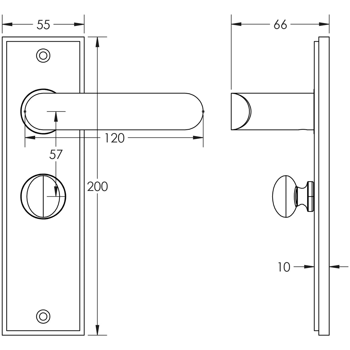 Technical drawing of of Burlington - Kensington Door Handle Bathroom Backplate Satin Nickel & Turn & Release Sku. BUR-25SN-453SN-80SN