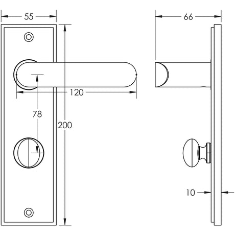 Technical drawing of of Burlington - Kensington Door Handle Din Bathroom Backplate Satin Nickel & Turn & Release Sku. BUR-25SN-456SN-80SN
