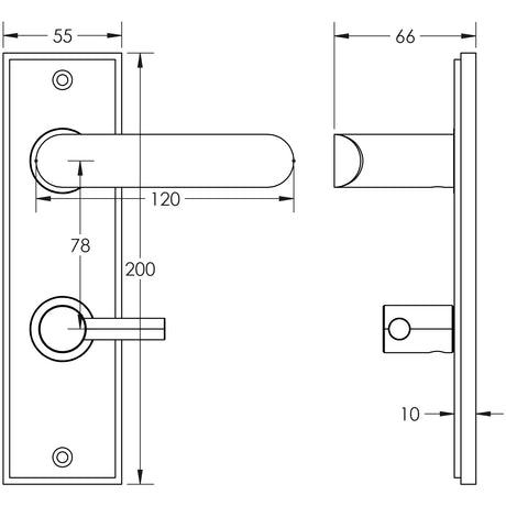 Technical drawing of of Burlington - Kensington Door Handle Din Bathroom Backplate Satin Brass & Turn & Release Sku. BUR-25SB-456SB-82SB