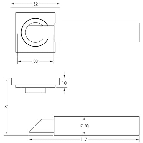 Technical drawing of of Burlington - Westminster Door Handle on Square Stepped Rose Antique Brass Sku. BUR30KIT7