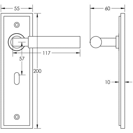 Technical drawing of of Burlington - Westminster Door Handle Lock Backplate Polished Nickel Sku. BUR30KIT165