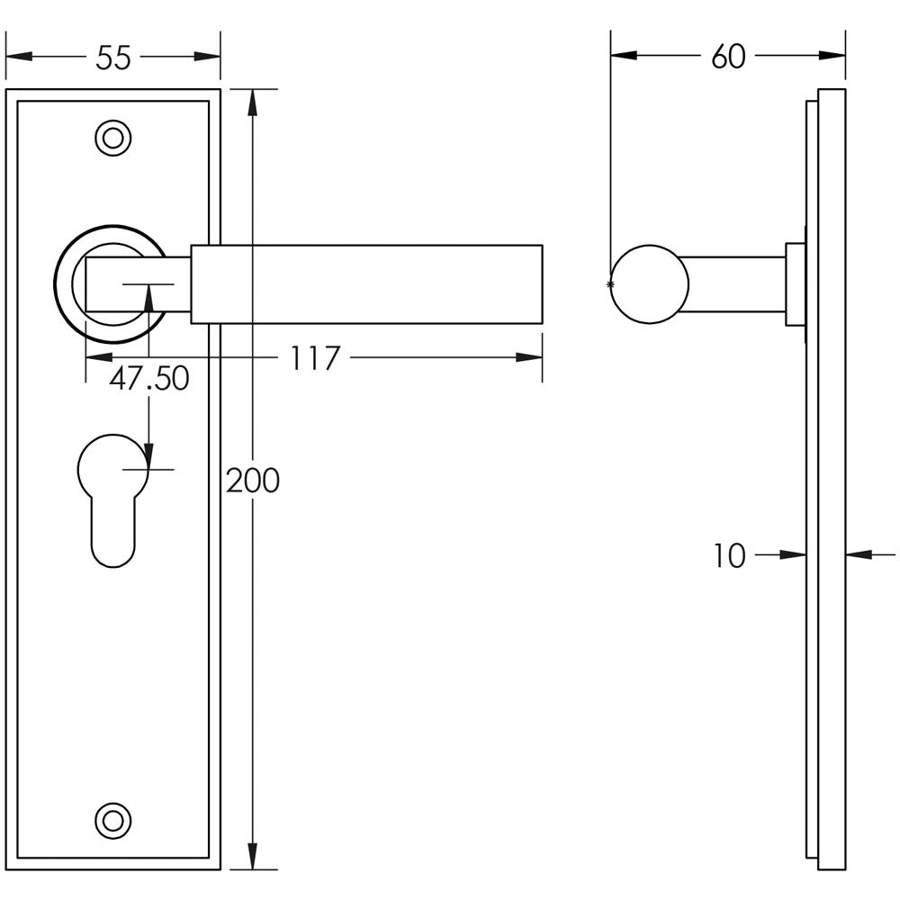 Technical drawing of of Burlington - Westminster Door Handle Euro Backplate Dark Bronze Sku. BUR30KIT89