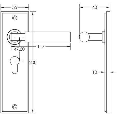 Technical drawing of of Burlington - Westminster Door Handle Euro Backplate Dark Bronze Sku. BUR30KIT89