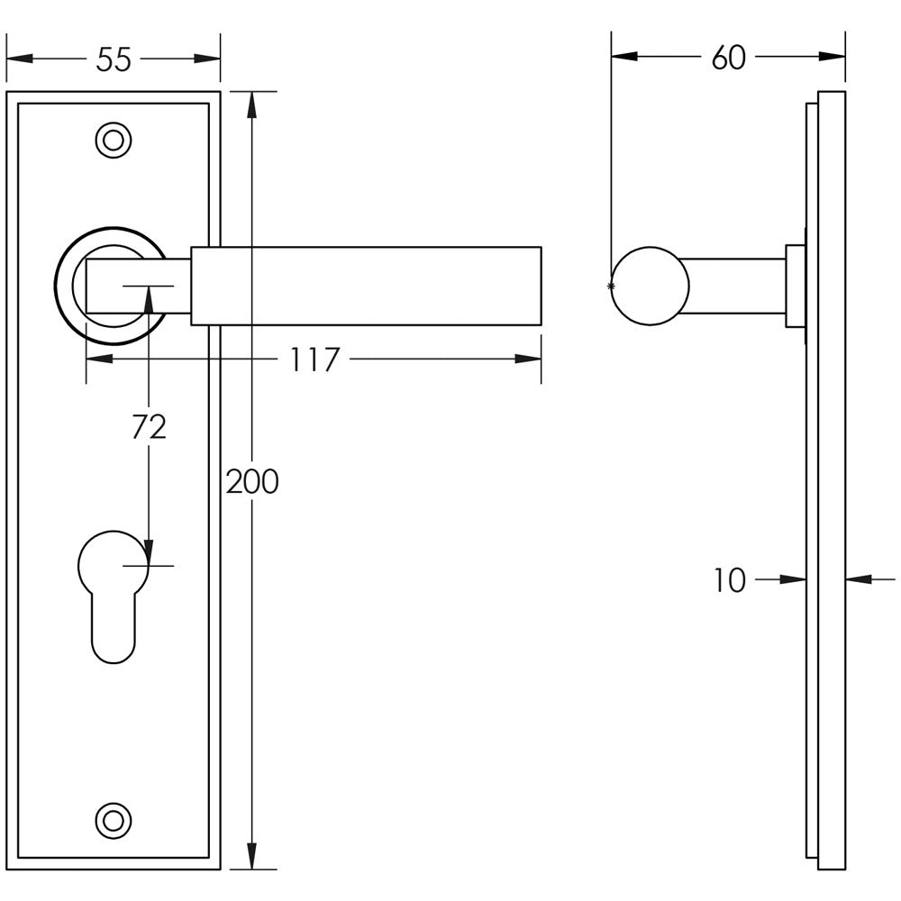 Technical drawing of of Burlington - Westminster Door Handle Din Euro Backplate Satin Nickel Sku. BUR30KIT324