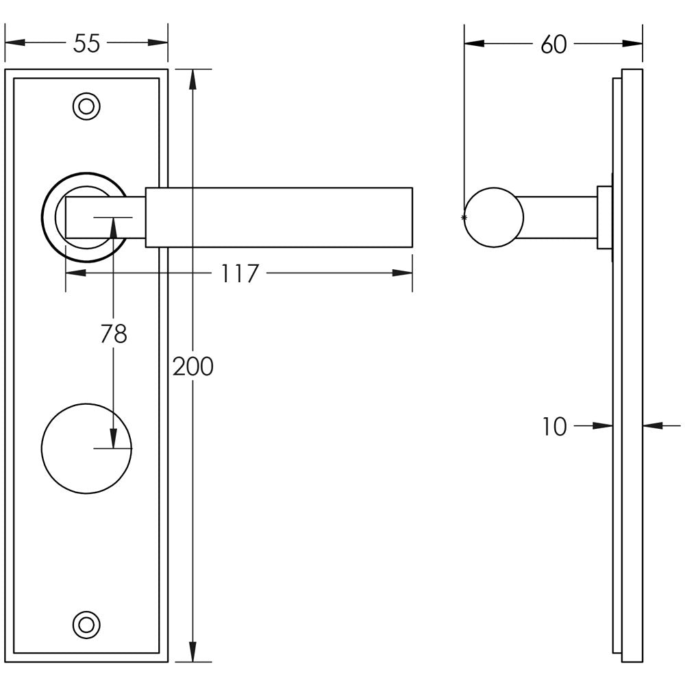 Technical drawing of of Burlington - Westminster Door Handle Din Bathroom Backplate Antique Brass Sku. BUR30KIT13