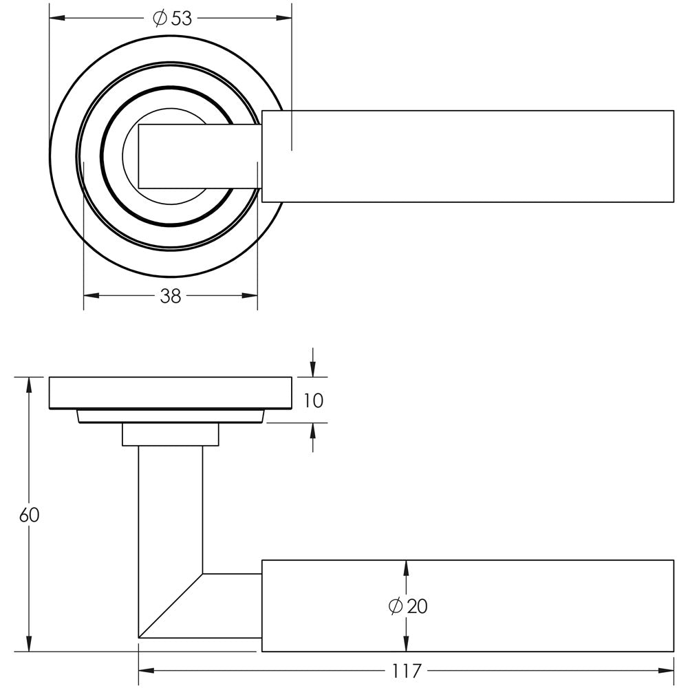 Technical drawing of of Burlington - Westminster Door Handle on Stepped Rose Antique Brass Sku. BUR30KIT3