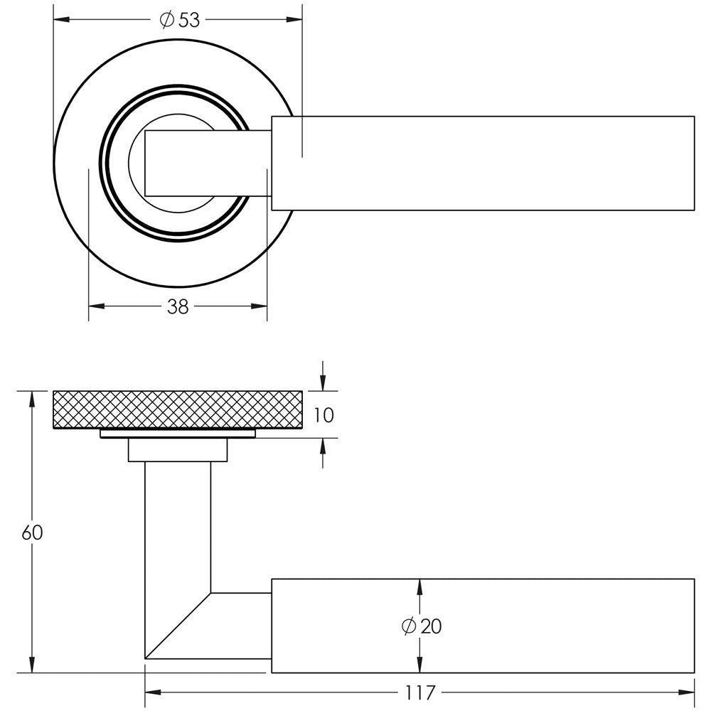 Technical drawing of of Burlington - Westminster Door Handles Knurled Rose Satin Brass Sku. BUR30KIT239
