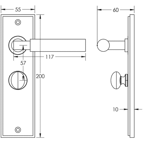Technical drawing of of Burlington - Westminster Door Handle Bathroom Backplate Satin Nickel & Turn & Release Sku. BUR-30SN-453SN-80SN
