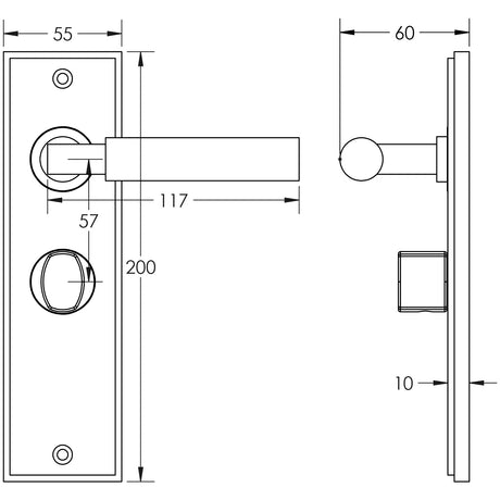 Technical drawing of of Burlington - Westminster Door Handle Bathroom Backplate Satin Brass & Turn & Release Sku. BUR-30SB-453SB-81SB