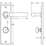 Technical drawing of of Burlington - Westminster Door Handle Din Bathroom Backplate Satin Nickel & Turn & Release Sku. BUR-30SN-456SN-80SN