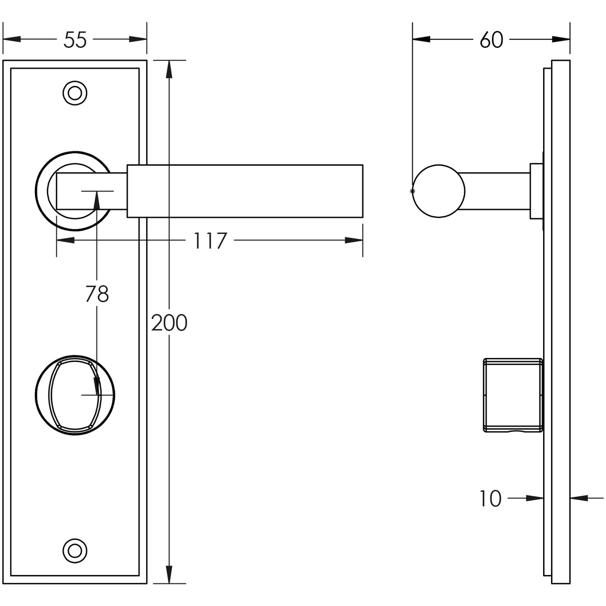 Technical drawing of of Burlington - Westminster Door Handle Din Bathroom Backplate Dark Bronze & Turn & Release Sku. BUR-30DB-456DB-81DB