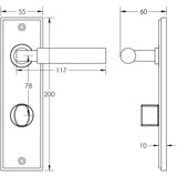 Technical drawing of of Burlington - Westminster Door Handle Din Bathroom Backplate Antique Brass & Turn & Release Sku. BUR-30AB-456AB-81AB
