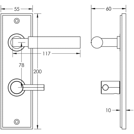 Technical drawing of of Burlington - Westminster Door Handle Din Bathroom Backplate Satin Nickel & Turn & Release Sku. BUR-30SN-456SN-82SN