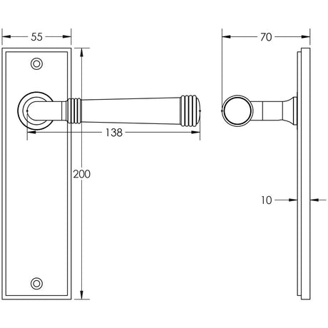 Technical drawing of of Burlington - Highgate Door Handle Latch Backplate Satin Nickel Sku. BUR35KIT320