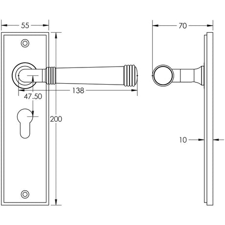 Technical drawing of of Burlington - Highgate Door Handle Euro Backplate Antique Brass Sku. BUR35KIT11