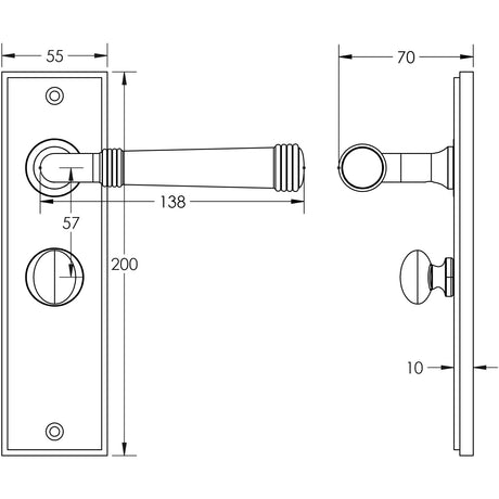 Technical drawing of of Burlington - Highgate Door Handle Bathroom Backplate Satin Nickel & Turn & Release Sku. BUR-35SN-453SN-80SN