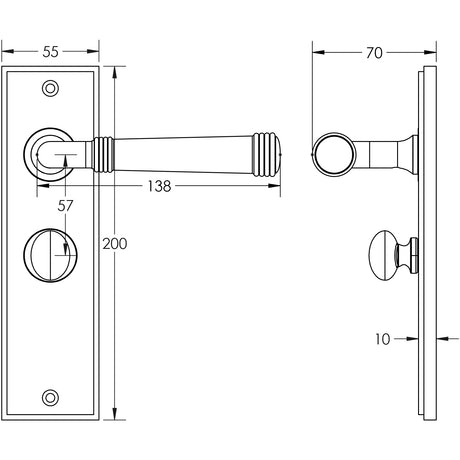 Technical drawing of of Burlington - Highgate Door Handle Bathroom Backplate Polished Nickel & Turn & Release Sku. BUR-35PN-453PN-80PN