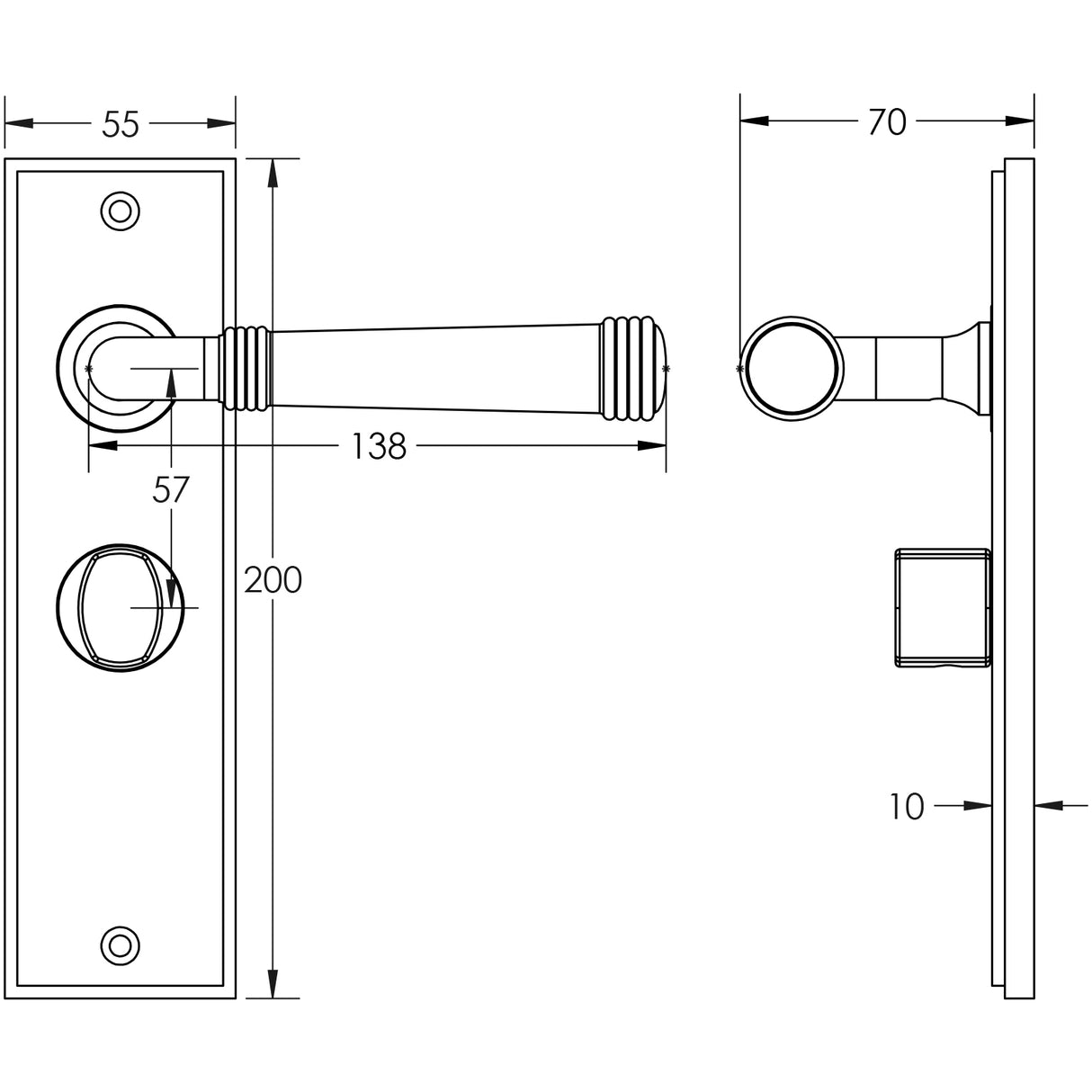 Technical drawing of of Burlington - Highgate Door Handle Bathroom Backplate Satin Nickel & Turn & Release Sku. BUR-35SN-453SN-81SN
