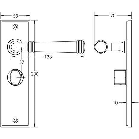 Technical drawing of of Burlington - Highgate Door Handle Bathroom Backplate Satin Brass & Turn & Release Sku. BUR-35SB-453SB-81SB