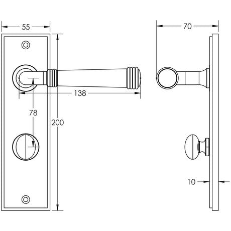 Technical drawing of of Burlington - Highgate Door Handle Din Bathroom Backplate Dark Bronze & Turn & Release Sku. BUR-35DB-456DB-80DB