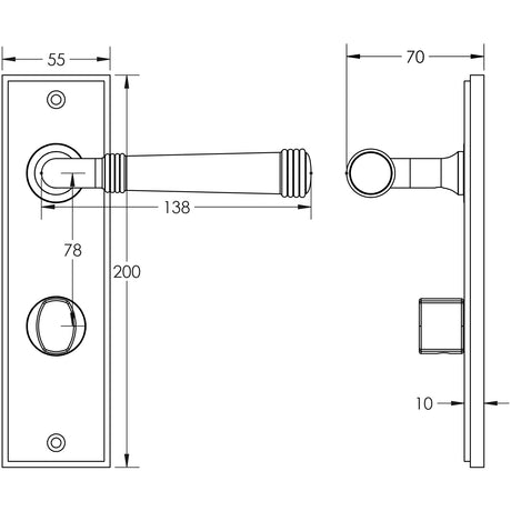 Technical drawing of of Burlington - Highgate Door Handle Din Bathroom Backplate Dark Bronze & Turn & Release Sku. BUR-35DB-456DB-81DB