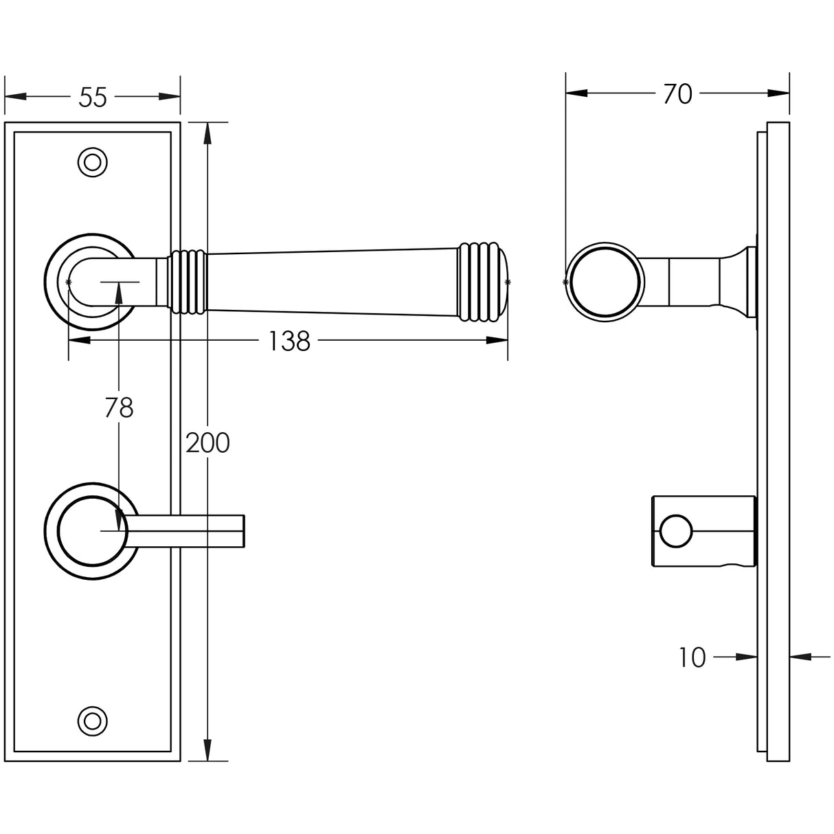 Technical drawing of of Burlington - Highgate Door Handle Din Bathroom Backplate Satin Nickel & Turn & Release Sku. BUR-35SN-456SN-82SN