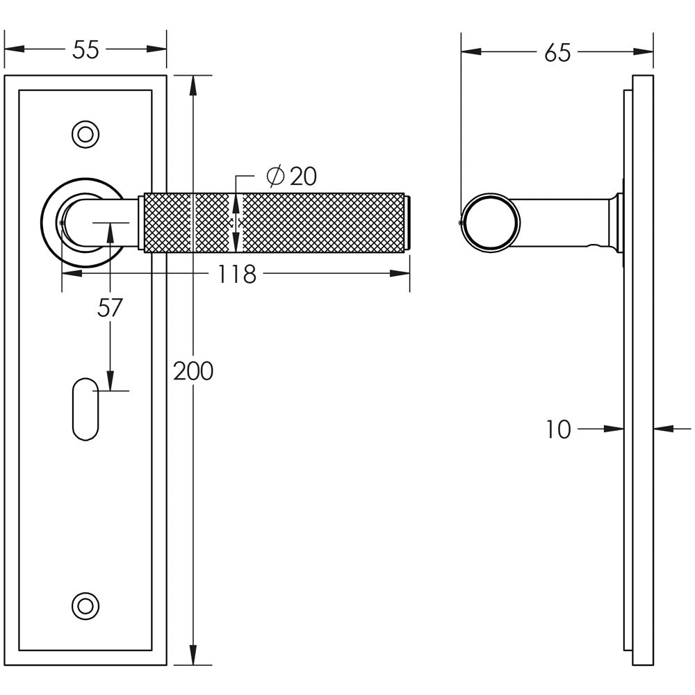 Technical drawing of of Burlington - Piccadilly Door Handle Lock Backplate Satin Nickel Sku. BUR40KIT321