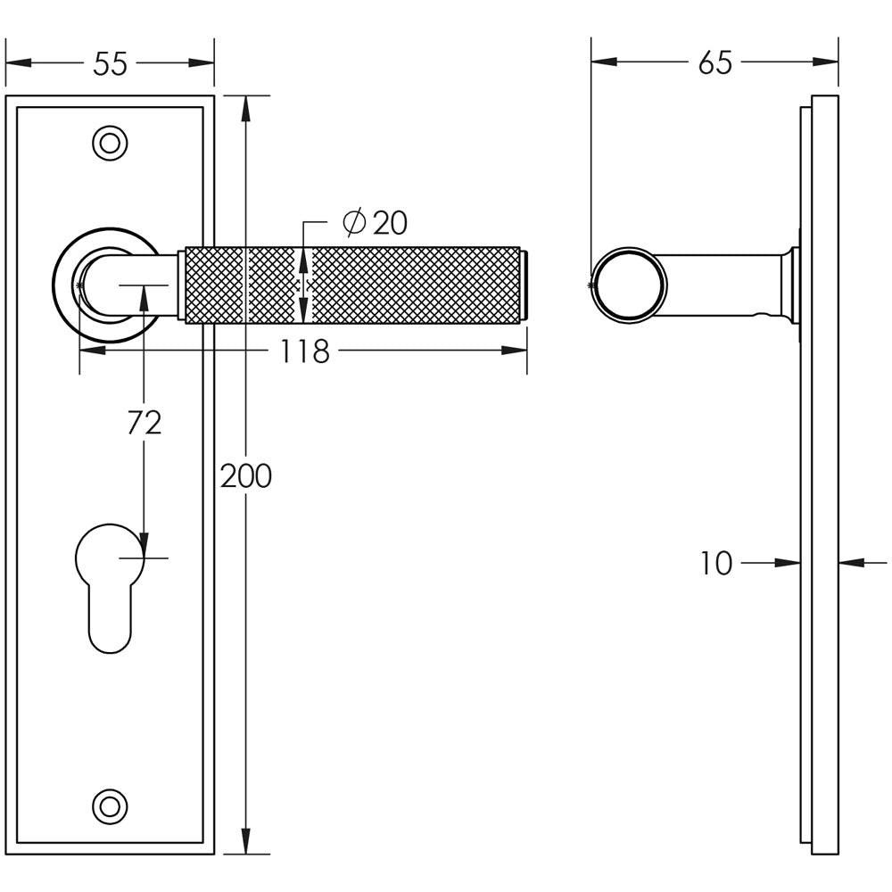 Technical drawing of of Burlington - Piccadilly Door Handle Din Euro Backplate Matt Black Sku. BUR40KIT337