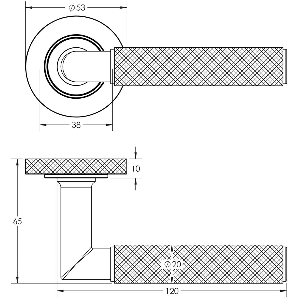 Technical drawing of of Burlington - Piccadilly Door Handle on Knurled Rose Dark Bronze Sku. BUR40KIT83