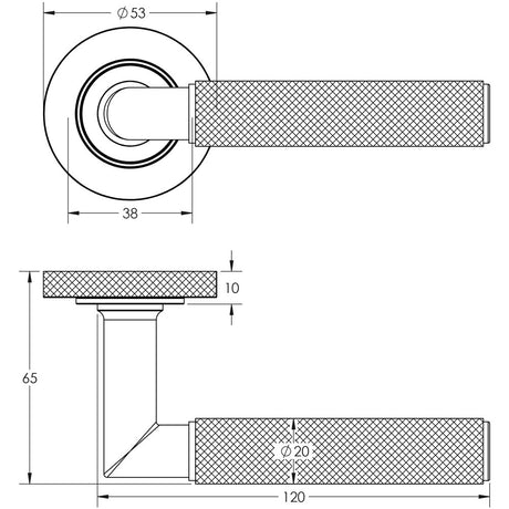 Technical drawing of of Burlington - Piccadilly Door Handle on Knurled Rose Antique Brass Sku. BUR40KIT5