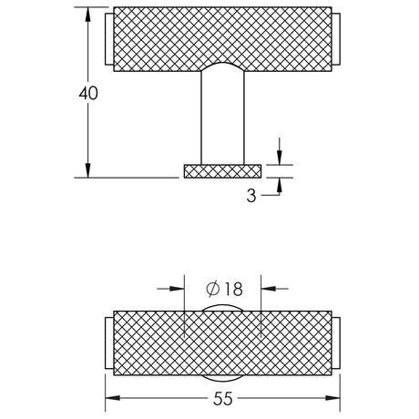 Technical drawing of of Burlington - Piccadilly Knurled T Bar Cupboard Knobs Satin Nickel Sku. BUR401SN
