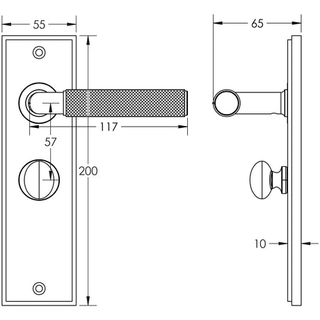 Technical drawing of of Burlington - Piccadilly Door Handle Bathroom Backplate Satin Brass & Turn & Release Sku. BUR-40SB-453SB-80SB