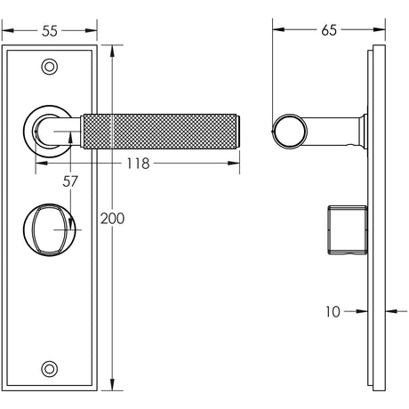 Technical drawing of of Burlington - Piccadilly Door Handle Bathroom Backplate Dark Bronze & Turn & Release Sku. BUR-40DB-453DB-81DB