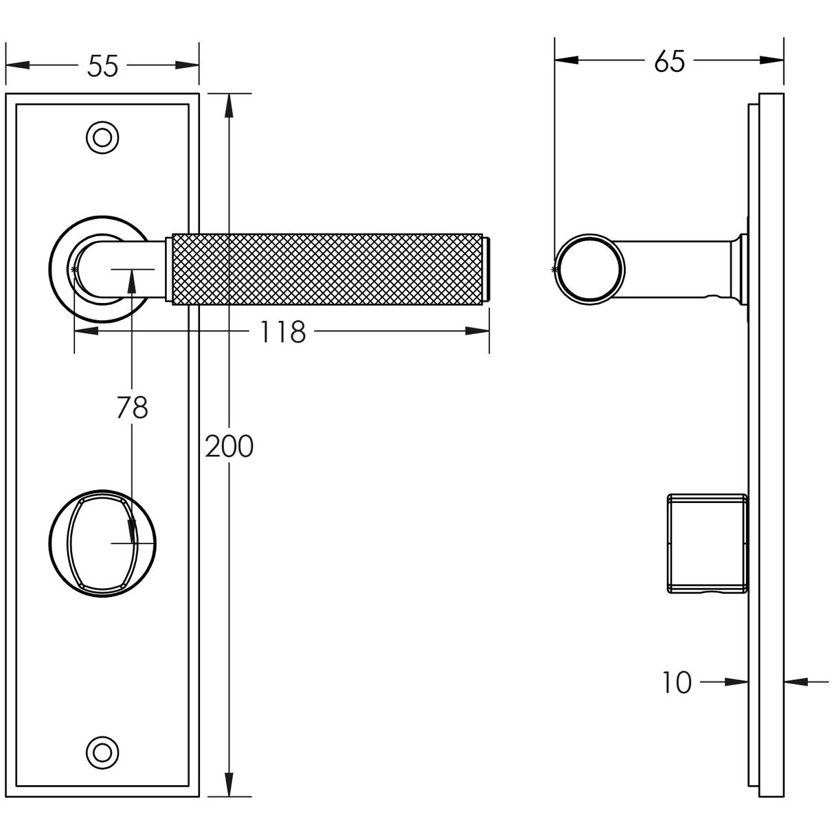 Technical drawing of of Burlington - Piccadilly Door Handle Bathroom Din Backplate Satin Brass & Turn & Release Sku. BUR-40SB-456SB-81SB
