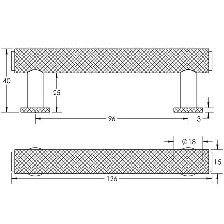 Technical drawing of of Burlington - Piccadilly Knurled Cabinet Handles 96mm Dark Bronze Sku. BUR410DB
